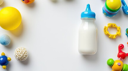 Top view of baby milk bottle with colorful toys on a white background. Clean, high quality, ample copy space, no people