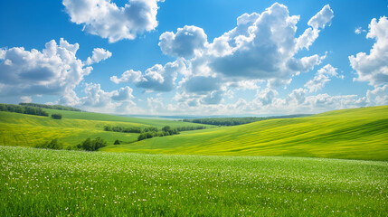 Fototapeta premium Rolling green hills and a clear blue sky with fluffy clouds