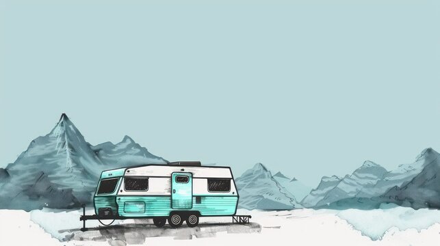 Blue and white camper van in front of mountains.