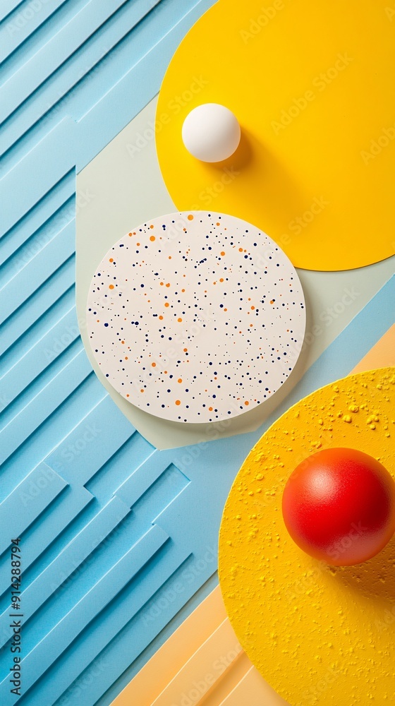 Poster A high-detail flat lay of minimal geometric patterns in soft pastel colors showcasing abstract design elements in a harmonious composition Stock Photo with copy space