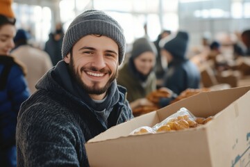 Smiling Volunteer Distributing Food at Community Outreach Event During Winter Morning