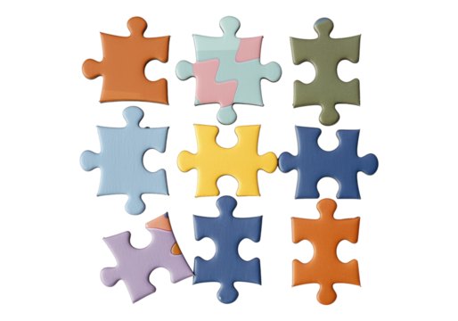 Colorful puzzle pieces isolated on transparent background. Transparent PNG.