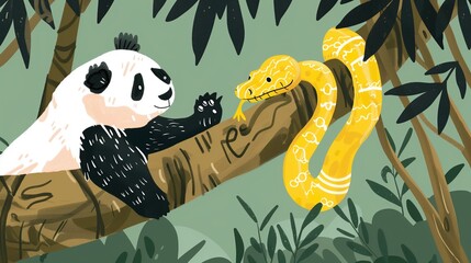Illustration of a panda and a snake on a tree branch, symbolizing the Pandas Python package for data analysis and manipulation.
