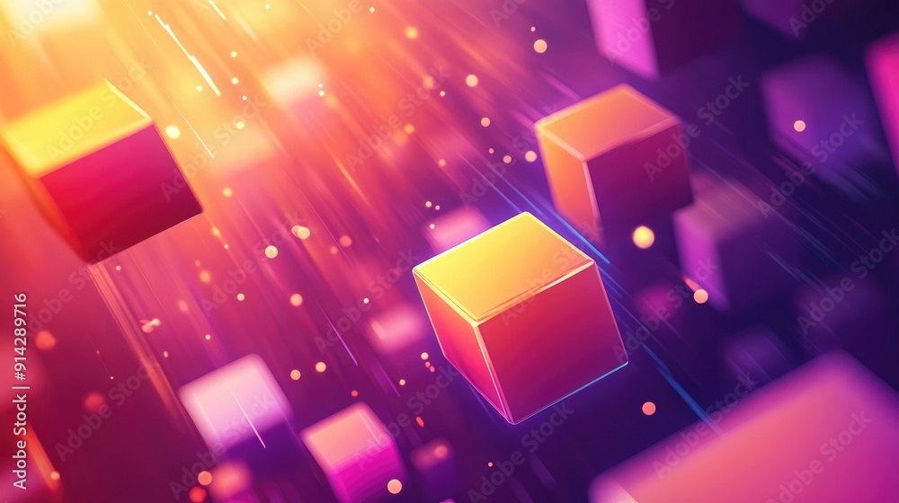 Fototapete dynamic 3d background with bright geometric shapes and light reflections, vivid and playful design