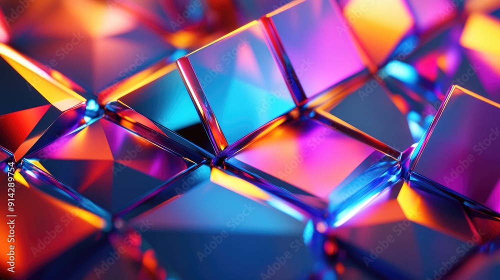 Fototapete dynamic 3d background with bright geometric shapes and light reflections, vivid and playful design