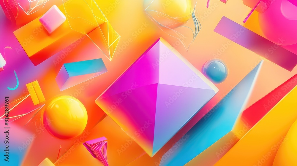 Fototapete dynamic 3d background with bright geometric shapes and light reflections, vivid and playful design