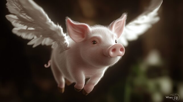 Whimsical 3D pig with wings flying high, representing the imaginative and humorous "when pigs fly" theme. -
