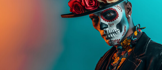A man in a Day of the Dead mask and hat adorned with roses, featuring an elaborate skull design face paint. He wears traditional Mexican attire, the festive spirit of this cultural celebration.