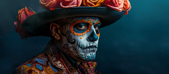 A man in a Day of the Dead mask and hat adorned with roses, featuring an elaborate skull design face paint. He wears traditional Mexican attire, the festive spirit of this cultural celebration.