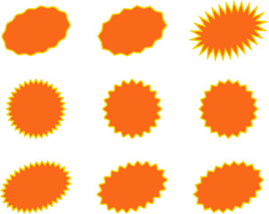 Orange round price stickers, sunburst promo tags, retro discount emblems. Collection of special offer sale oval and round shaped sunburst labels and badges. Vector .