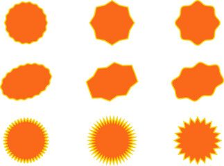 Orange round price stickers, sunburst promo tags, retro discount emblems. Collection of special offer sale oval and round shaped sunburst labels and badges. Vector .