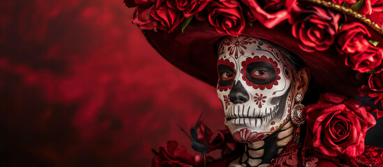 A man in a Day of the Dead mask and hat adorned with roses, featuring an elaborate skull design face paint. He wears traditional Mexican attire, the festive spirit of this cultural celebration.