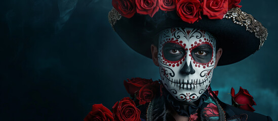 A man in a Day of the Dead mask and hat adorned with roses, featuring an elaborate skull design face paint. He wears traditional Mexican attire, the festive spirit of this cultural celebration.