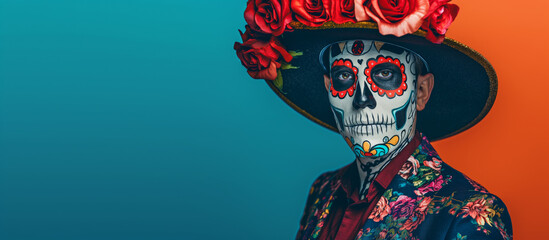 A man in a Day of the Dead mask and hat adorned with roses, featuring an elaborate skull design face paint. He wears traditional Mexican attire, the festive spirit of this cultural celebration.