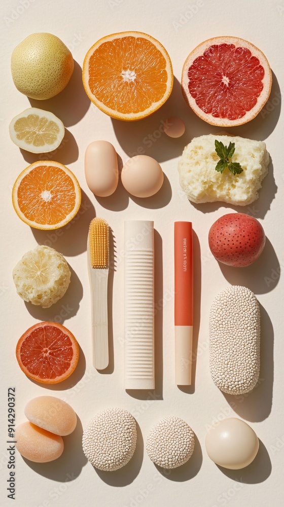 Poster abstract flat lay of high-detail minimal geometric shapes in pastel hues presenting a refined and el