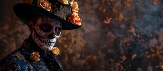A man in a Day of the Dead mask and hat adorned with roses, featuring an elaborate skull design face paint. He wears traditional Mexican attire, the festive spirit of this cultural celebration.