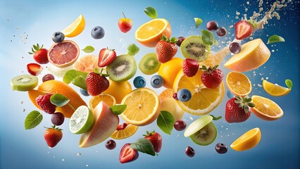Pieces of fresh mixed fruits falling in flying and falling, isolated on a blue background. Close-up of berries in motion, whole juicy fruits and pieces, dynamic fruit background. Vitamin explosion