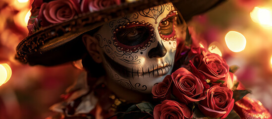 A man in a Day of the Dead mask and hat adorned with roses, featuring an elaborate skull design face paint. He wears traditional Mexican attire, the festive spirit of this cultural celebration.