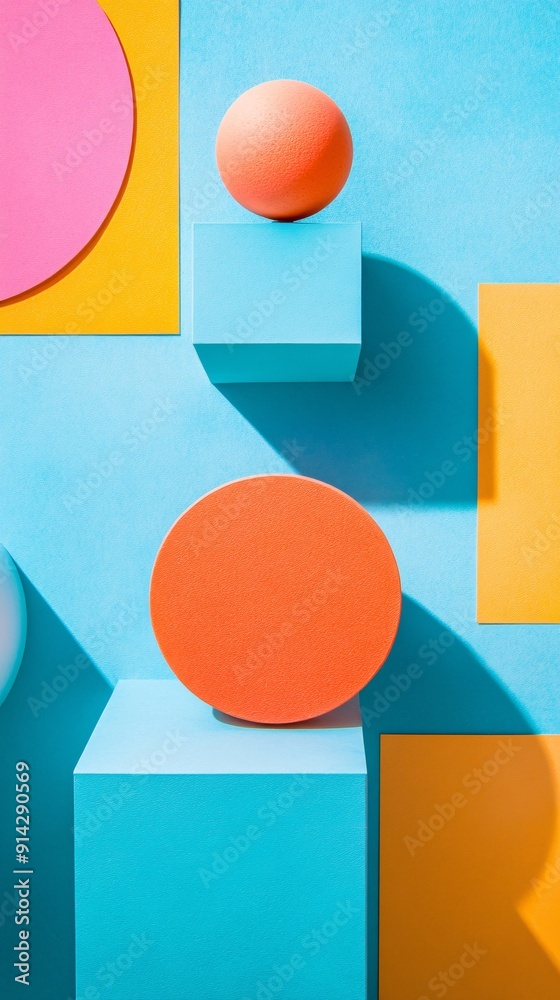 Poster abstract flat lay of high-detail minimal geometric shapes in pastel hues presenting a refined and el
