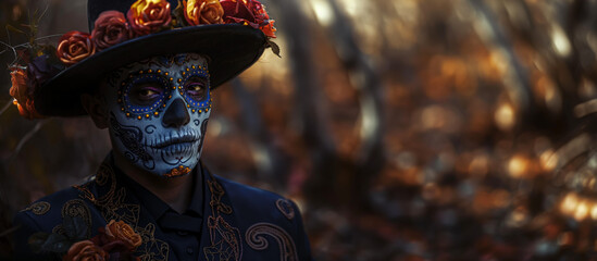 A man in a Day of the Dead mask and hat adorned with roses, featuring an elaborate skull design face paint. He wears traditional Mexican attire, the festive spirit of this cultural celebration.