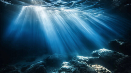 Sunlight filters through water, illuminating rocky underwater landscape in a serene ocean setting