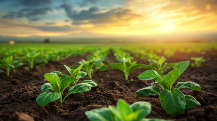 Rows of vibrant green lettuce growing in a fertile farmland at sunset