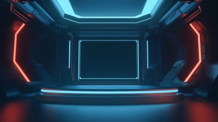 A photo of an empty 3D podium with a futuristic design, floating in space with stars in the background