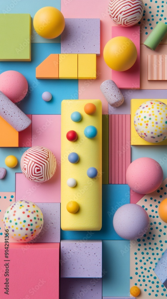 Poster detailed flat lay of abstract geometric shapes in pastel tones offering a minimalistic design perfec