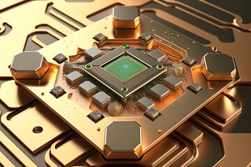 Close up of a golden circuit board with a green chip.