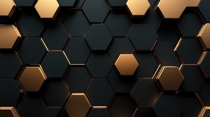 Elegant 3D background with golden hexagons and dark backdrop, luxurious design