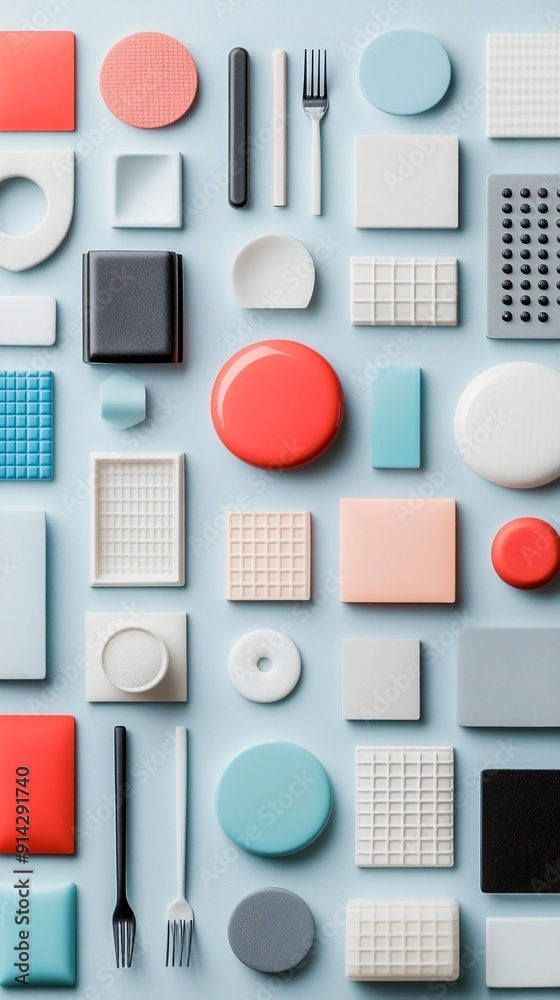 Poster Minimal geometric shapes in a detailed flat lay composition using pastel colors to form a modern and abstract design Stock Photo with copy space