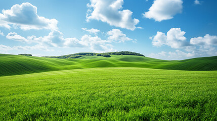 Fototapeta premium Lush Green Rolling Hills under a Bright Blue Sky