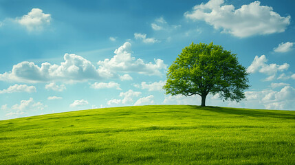Obraz premium Lone tree on a grassy hill under a bright blue sky with fluffy clouds