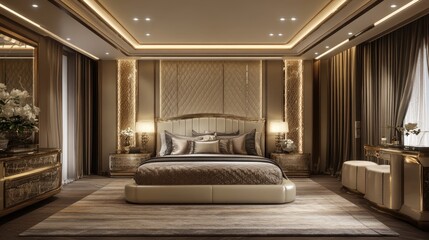 Elegant 3D bedroom with luxurious decor and soft textures, sophisticated interior design