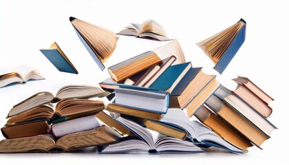 Obraz premium A pile of books flying in the air isolated on a white background