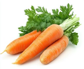 Fresh carrots with green leaves isolated on white background