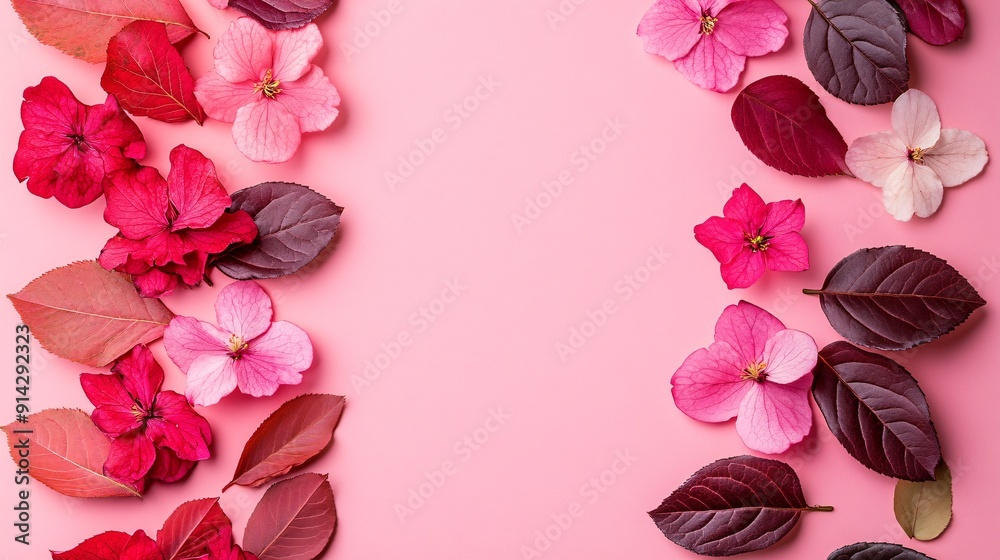 Poster high-detail flat lay of leaves and flowers in pastel tones arranged with clean lines to create a min