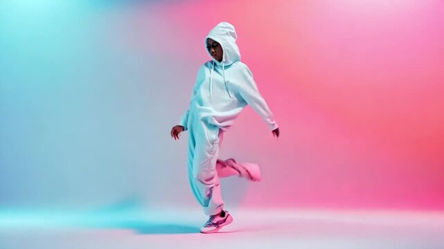 Flyer featuring a young, athletic, flexible man breakdancing while wearing a white clothing against a gradient pink and blue backdrop