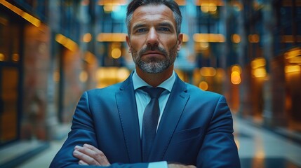 Confident businessman in a suit standing with arms crossed in a modern corporate lobby, showcasing leadership and determination against a professional backdrop.