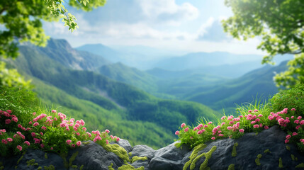 Mountain view from a rocky ledge covered with pink wildflowers and moss