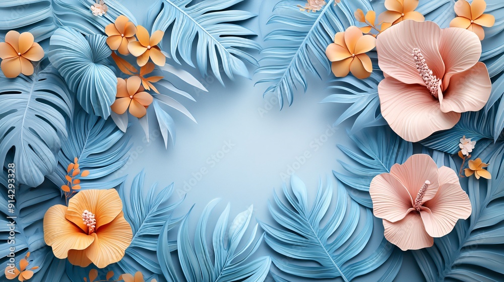 Poster elegant flat lay composition of leaves and flowers in pastel hues with high detail and minimalistic 