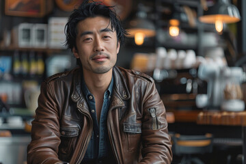 Fototapeta premium An Asian man wearing a leather jacket and jeans, sitting at a café
