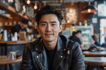Fototapeta premium An Asian man wearing a leather jacket and jeans, sitting at a cafÃ©