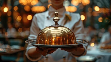 A close-up of a waiter in a stylish restaurant holding a polished silver tray with a dome lid, reflecting the warm ambient lighting of the upscale dining environment.