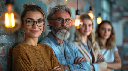 Obraz premium A diverse group of people smiling confidently while posing together in a casual, modern setting with exposed brick walls and stylish lighting, reflecting unity and openness.