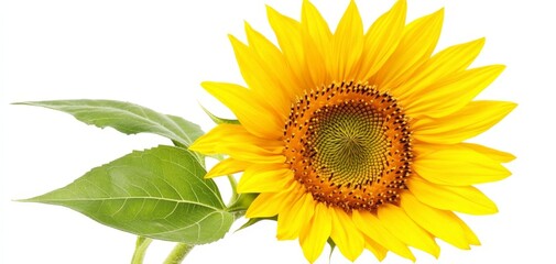 Obraz premium Close-up of a Sunflower with Green Leaves Against a White Background - Bright Yellow Petals, Vibrant Color, Nature, Floral, Botany, Photography, Macro