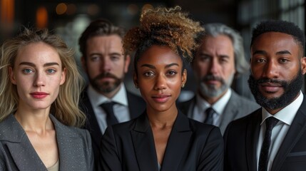 Obraz premium A professional team led by a confident businesswoman with curly hair, embodying leadership, unity, and a focused corporate environment, showing determination and cohesion.