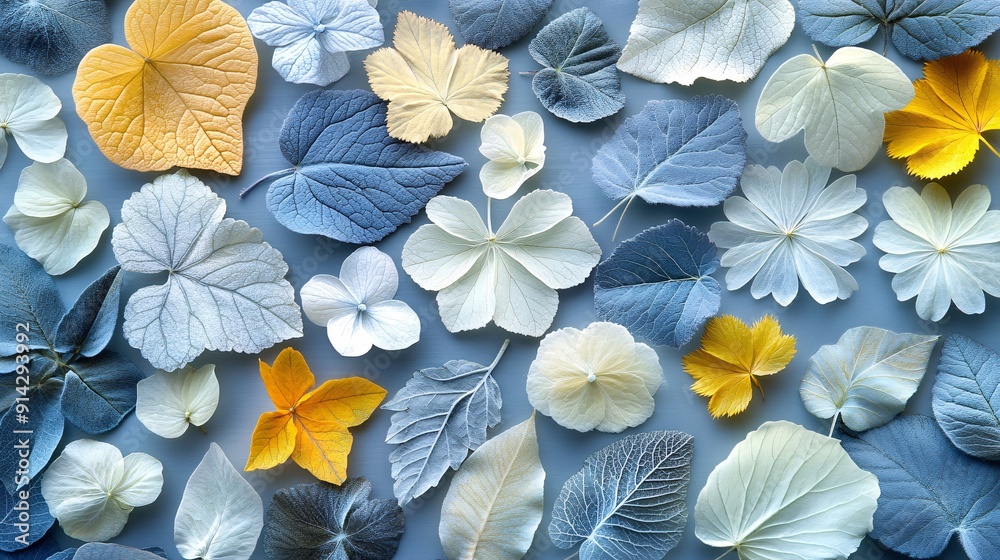 Poster High-detail flat lay of pastel-toned leaves and flowers arranged with precise clean lines for a minimal and stylish composition Stock Photo with copy space