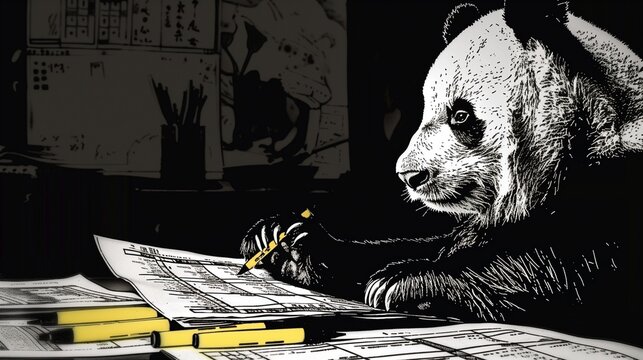 A panda analyzing data sheets, symbolizing the Pandas Python package for data manipulation and analysis.
