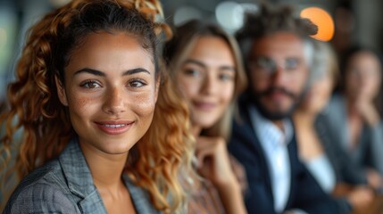 Fototapeta premium A close-up photograph of a smiling woman with curly hair, showcasing her vibrant personality and confidence, with blurred individuals in the background in an office setting.